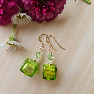 Silver Foil Peridot Cube Earrings in Gold