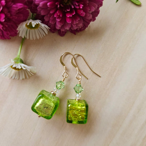 Silver Foil Peridot Cube Earrings in Gold