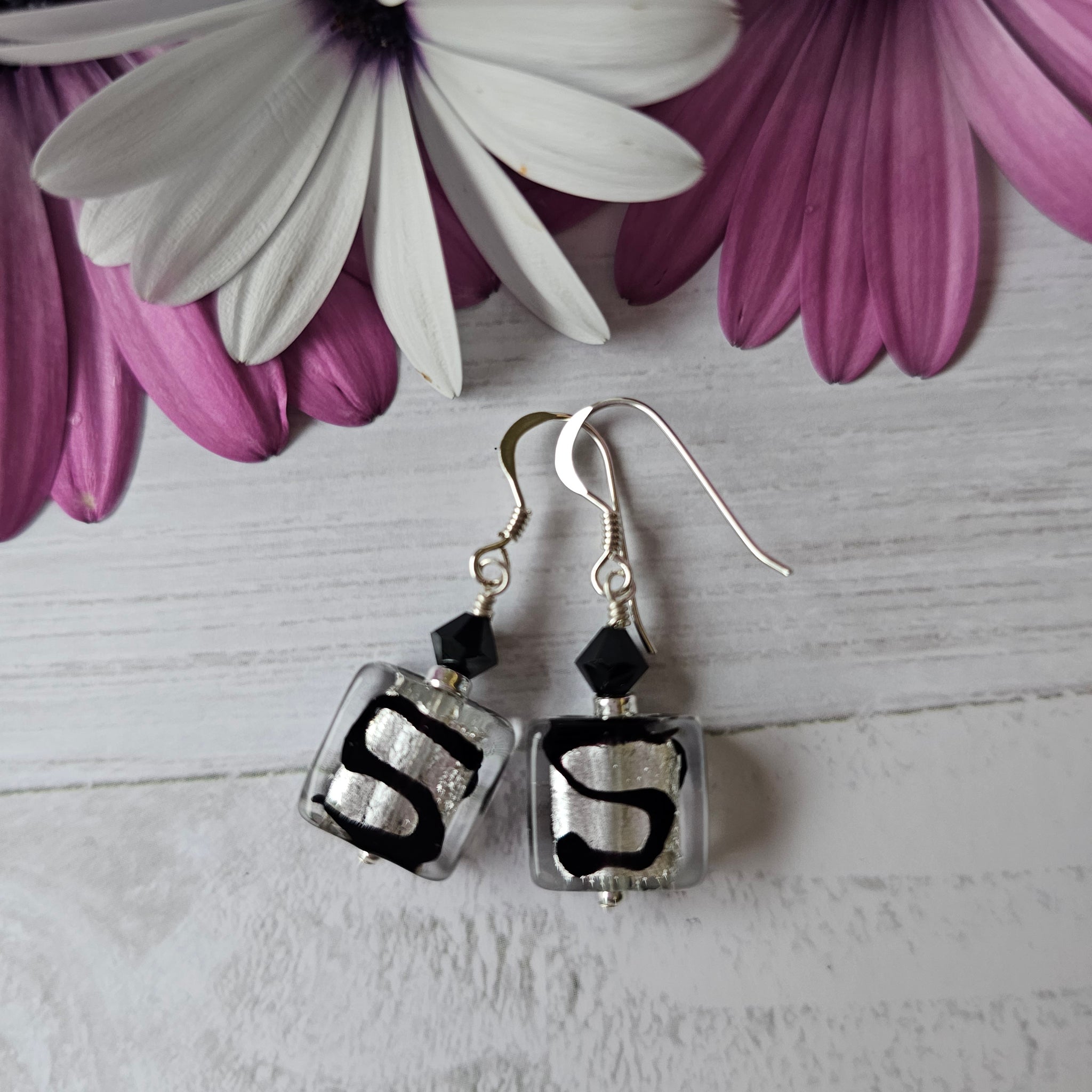 Silver and Black Square Earrings