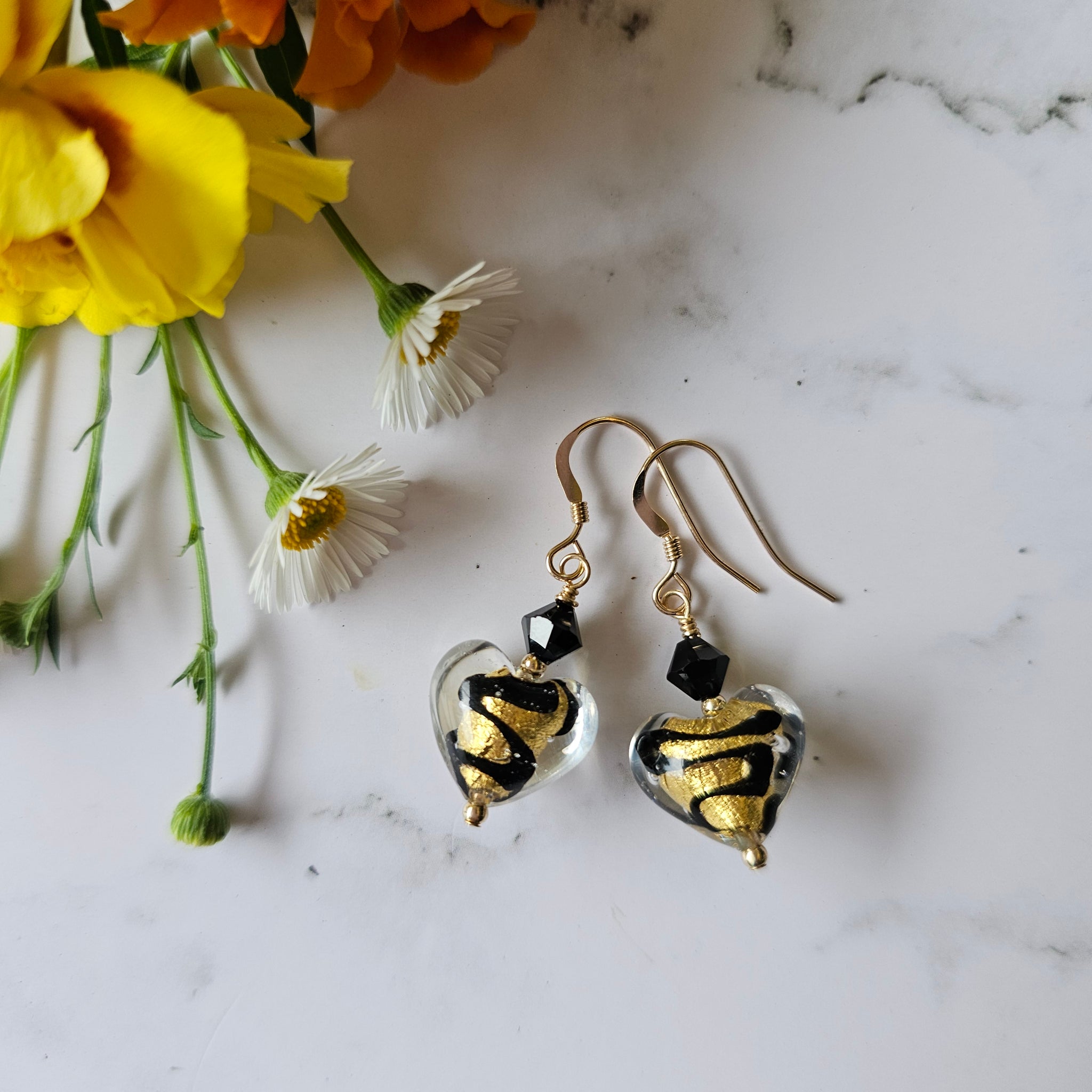 Gold and Black Swirl Murano glass Hearts