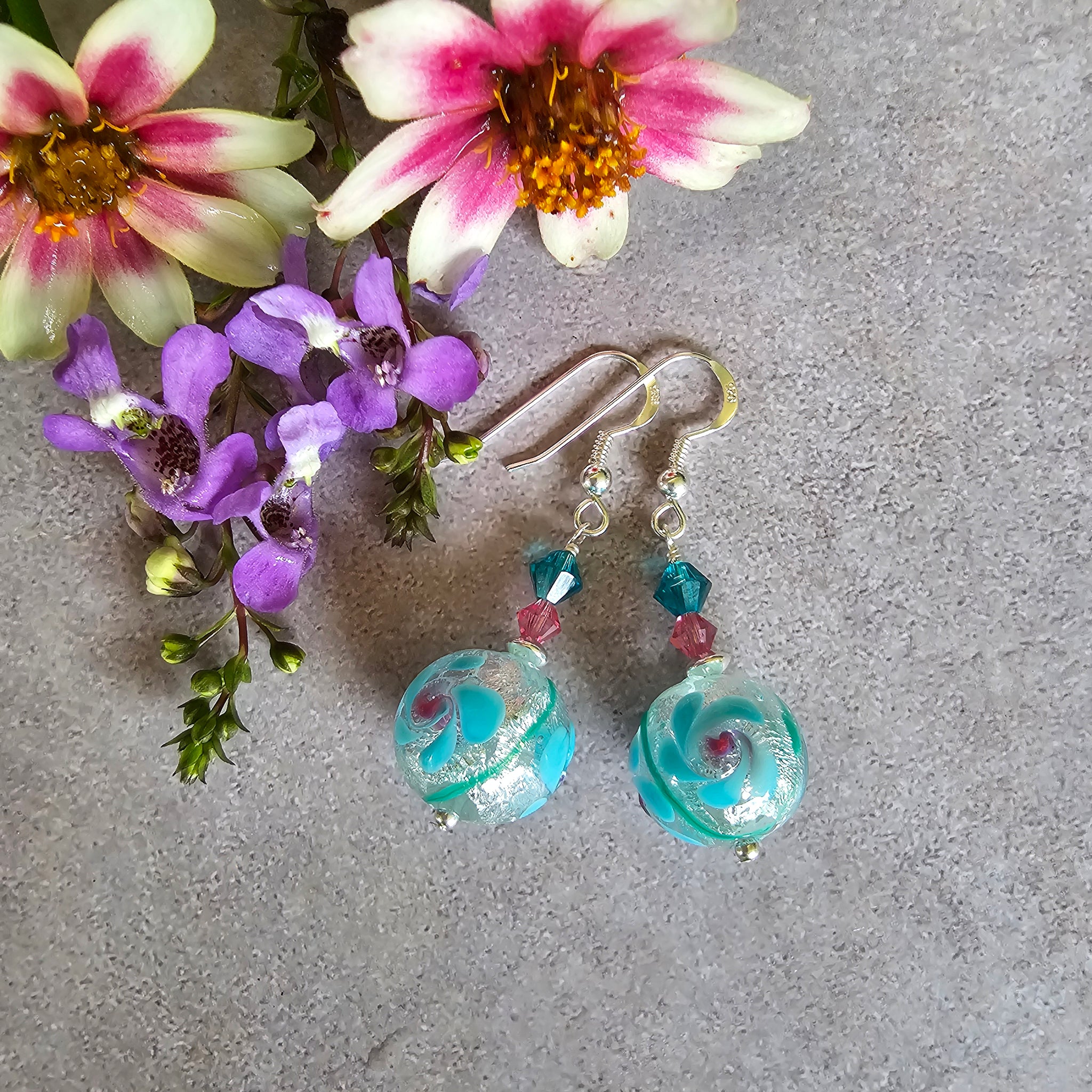 Flower Silver Foil Murano Glass Earrings