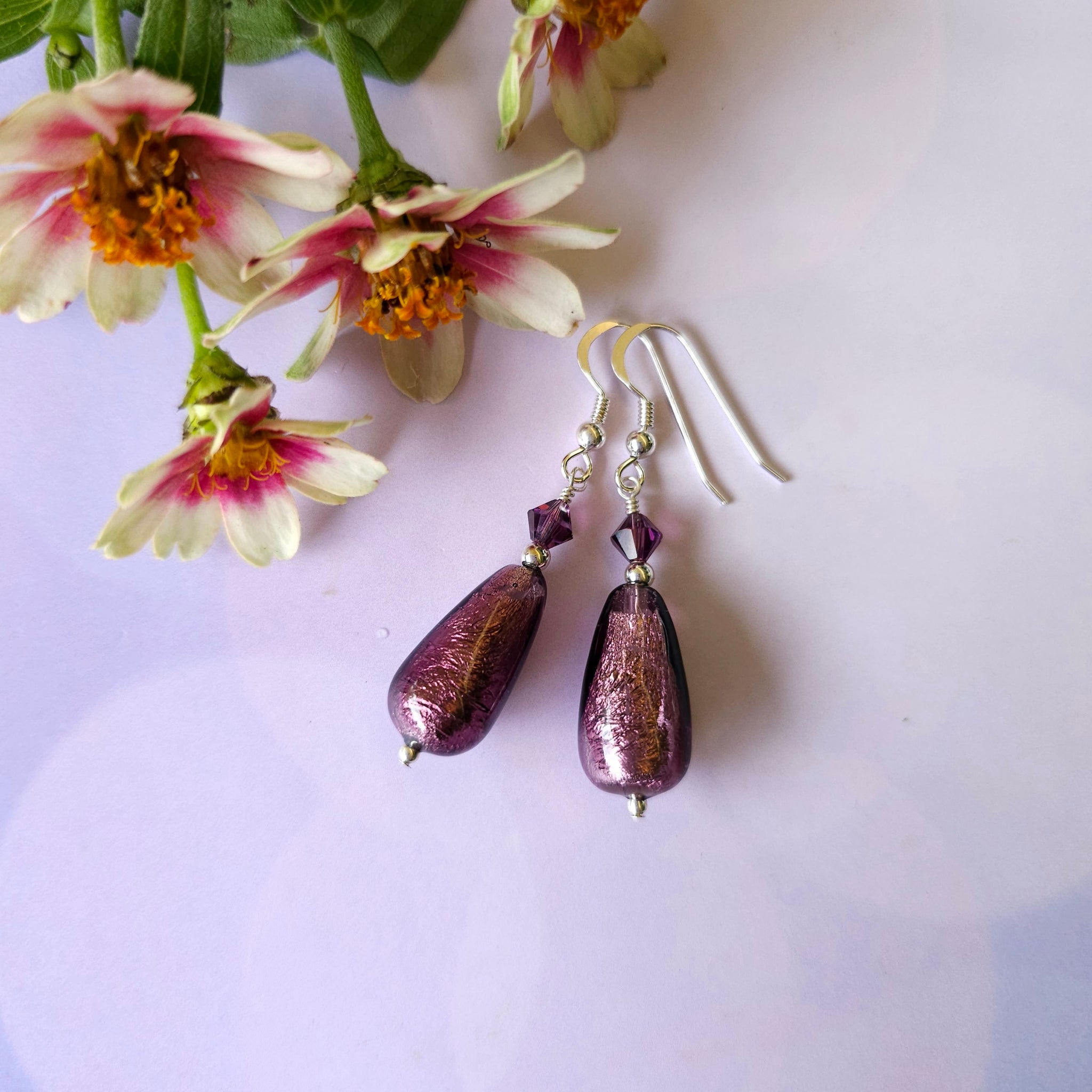 Silver Foil Teardrop Murano Glass Earrings