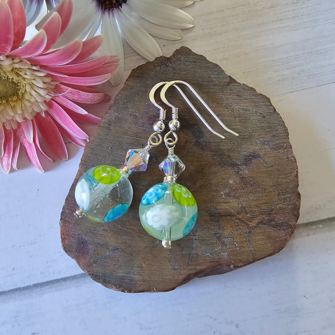 Aqua and Green Millefiori Earrings