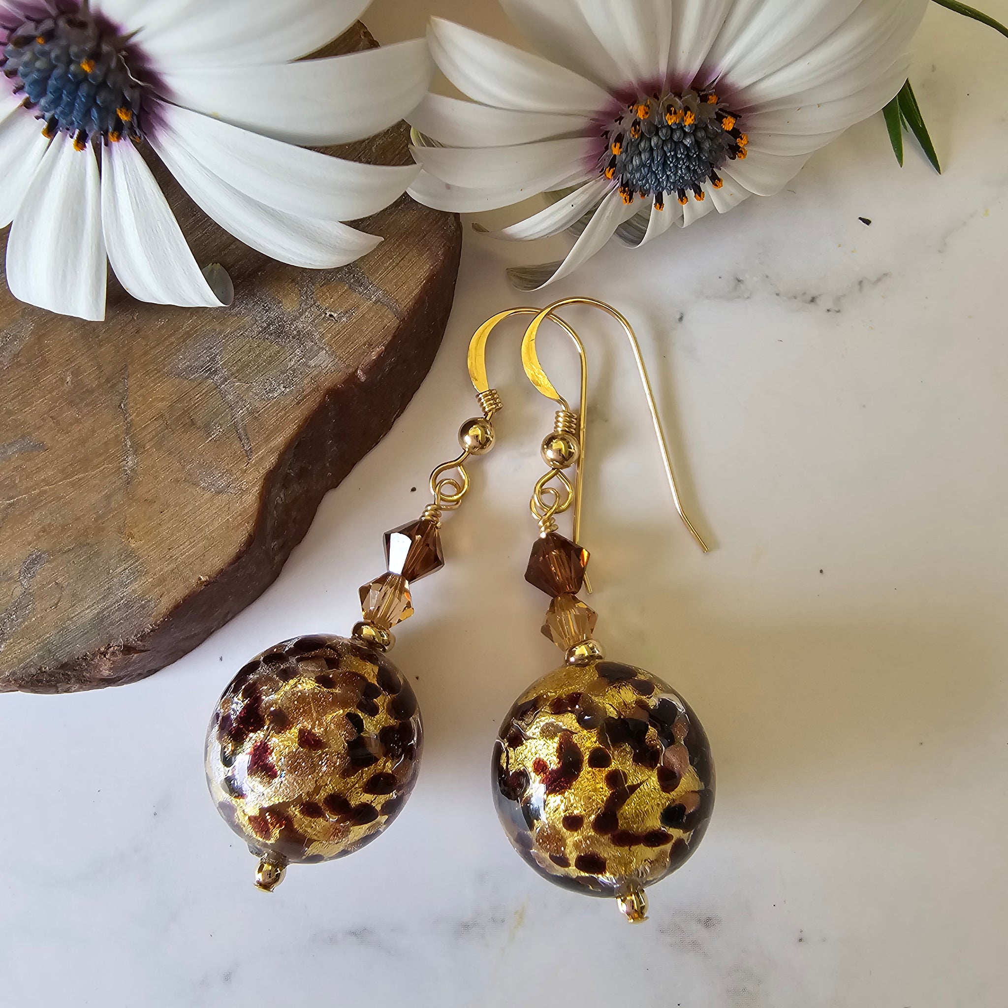 Topaz Gold and Brown Murano Earrings