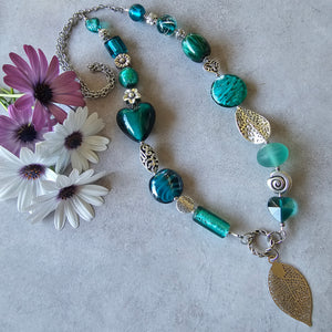 Long Teal green  beaded necklace