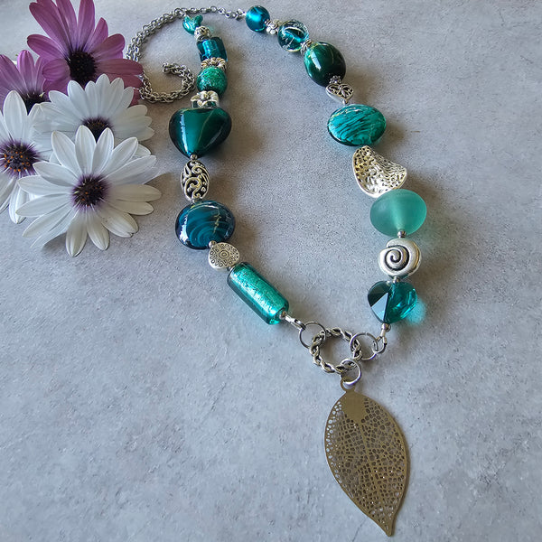 Long Teal green  beaded necklace