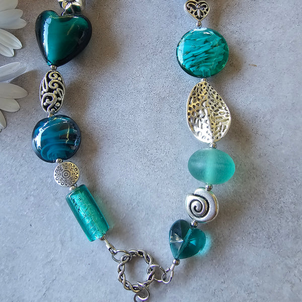 Long Teal green  beaded necklace