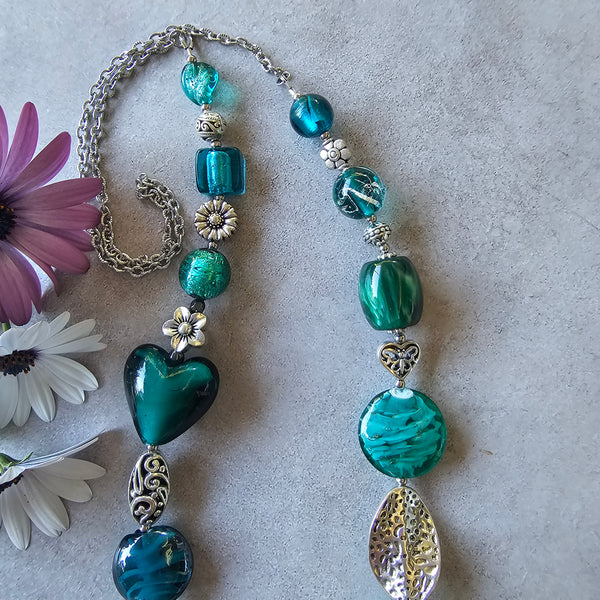 Long Teal green  beaded necklace