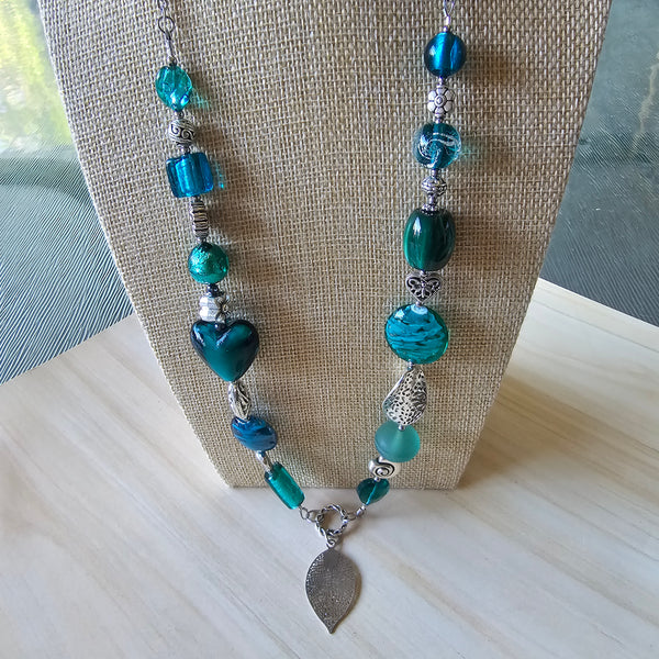 Long Teal green  beaded necklace