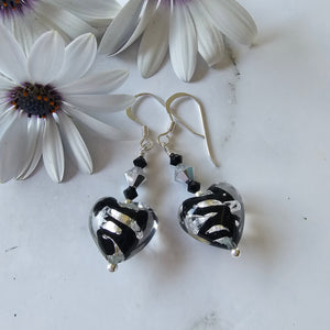 Silver and Black Swirl Murano glass Hearts