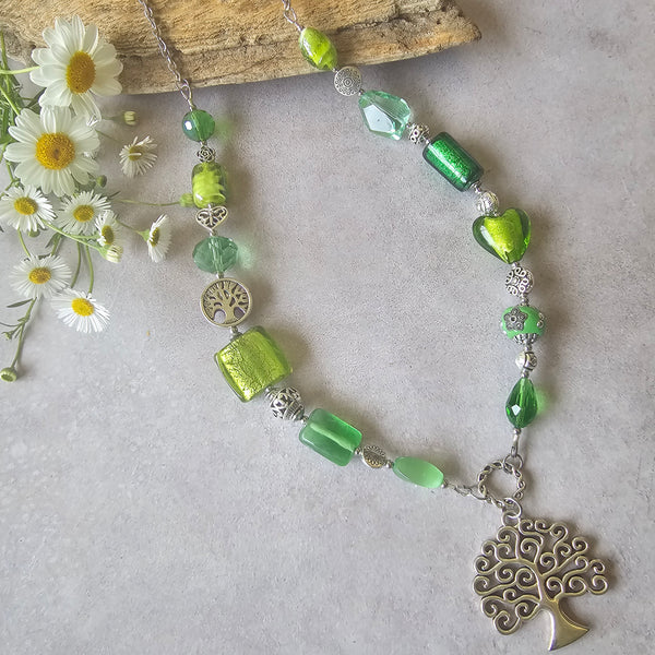 Long green beaded necklace