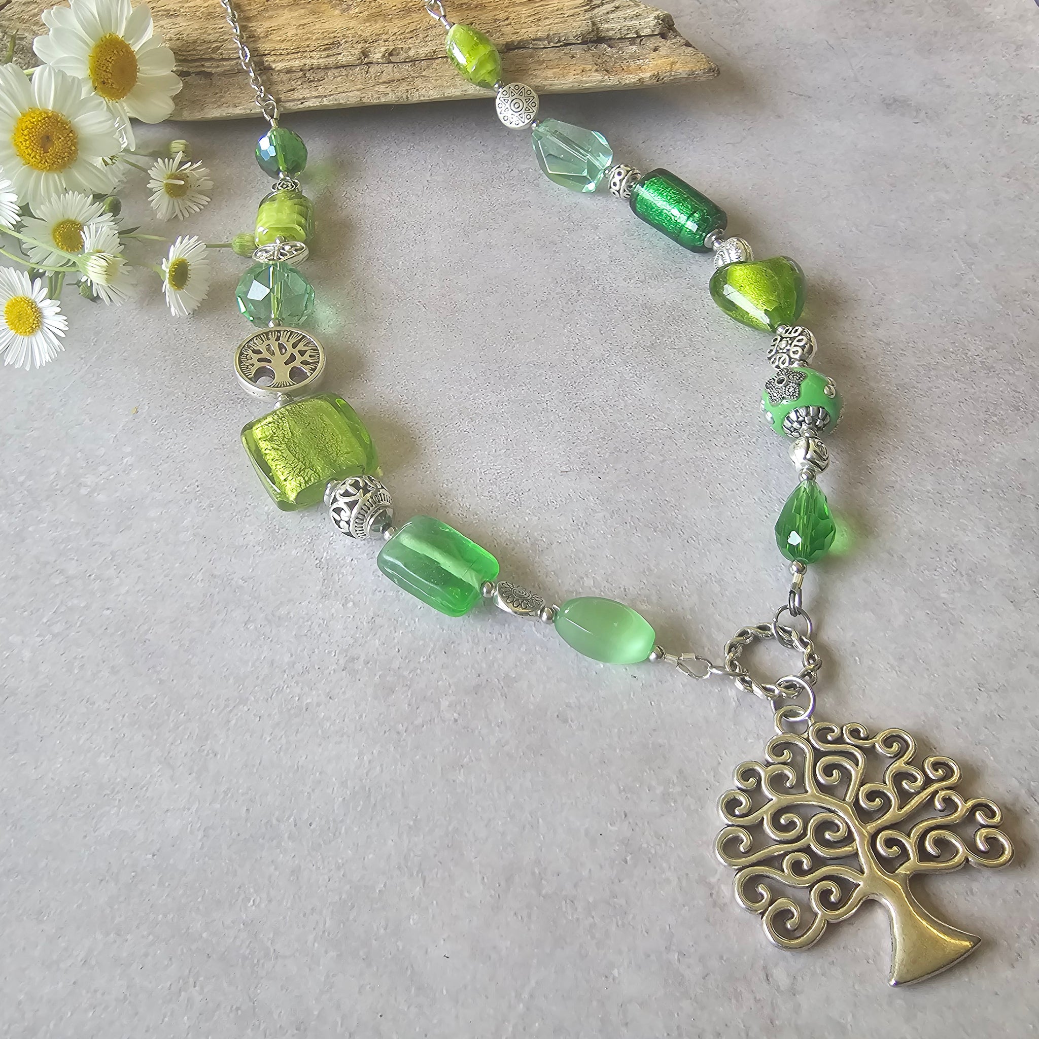 Long green beaded necklace