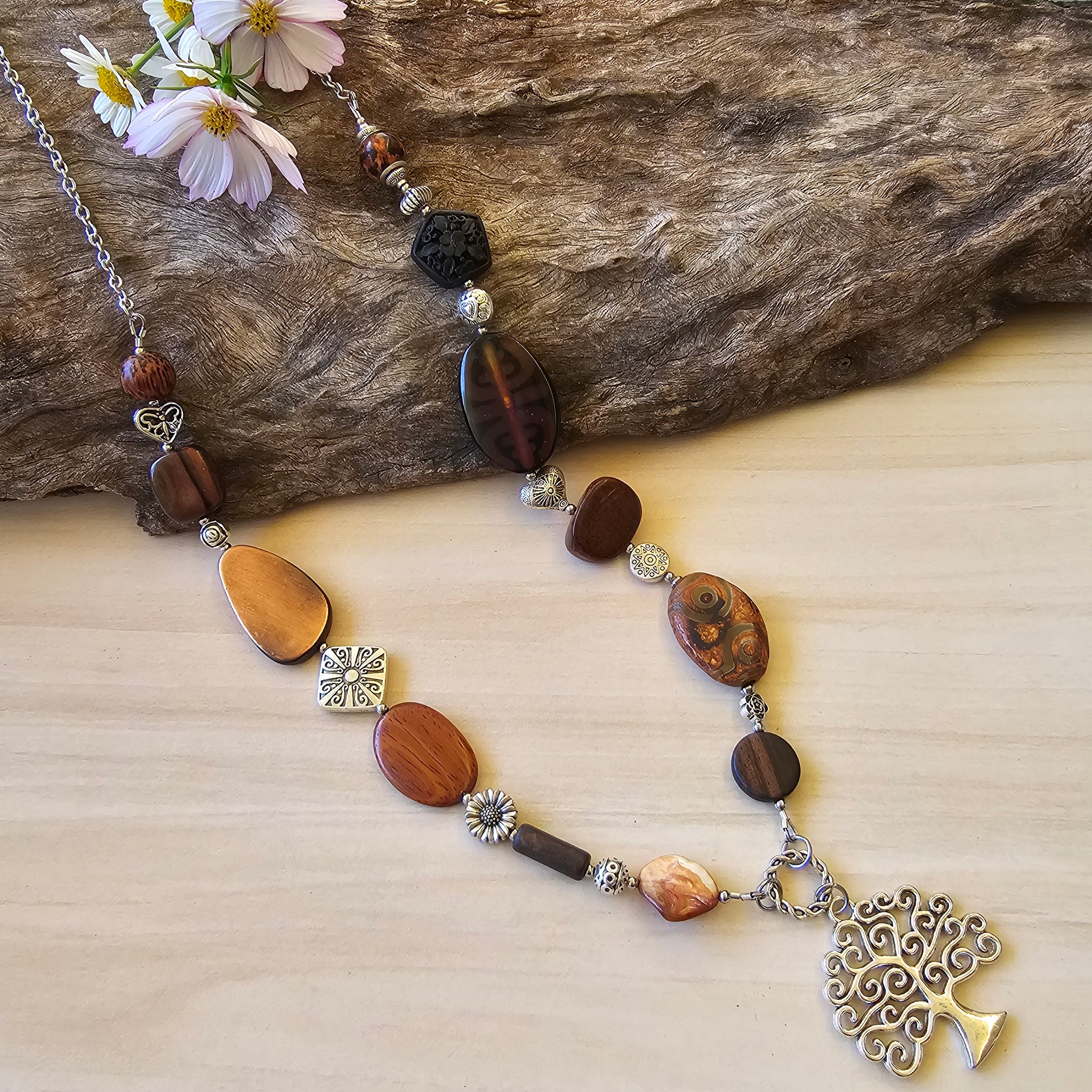 Long Wooden and Gemstone Necklace