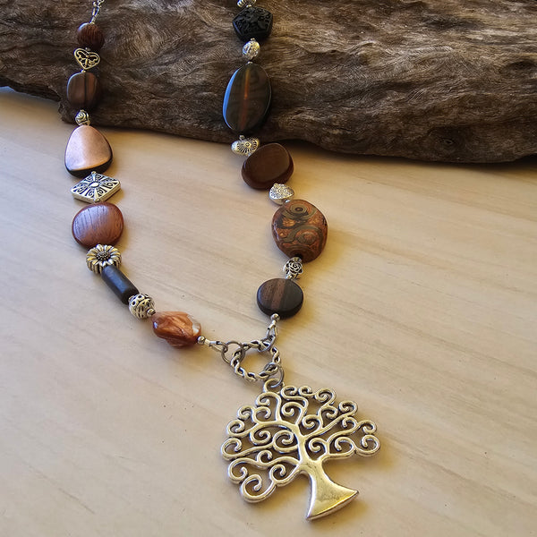 Long Wooden and Gemstone Necklace