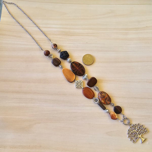 Long Wooden and Gemstone Necklace