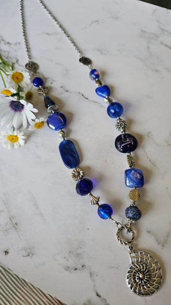 Long Blue beaded necklace