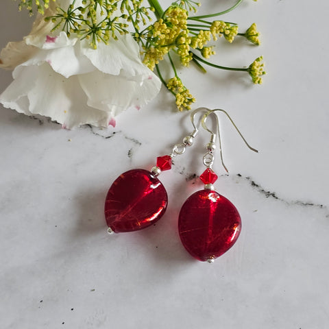 Red Murano Glass Leaf Earrings