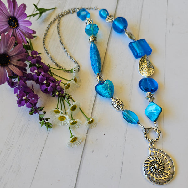 Long Aqua Blue beaded necklace