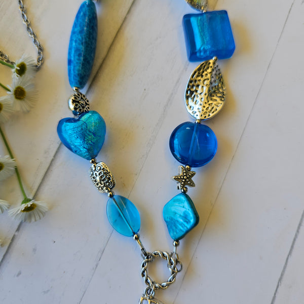 Long Aqua Blue beaded necklace