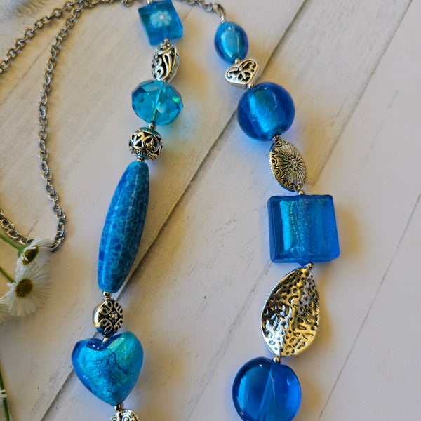 Long Aqua Blue beaded necklace