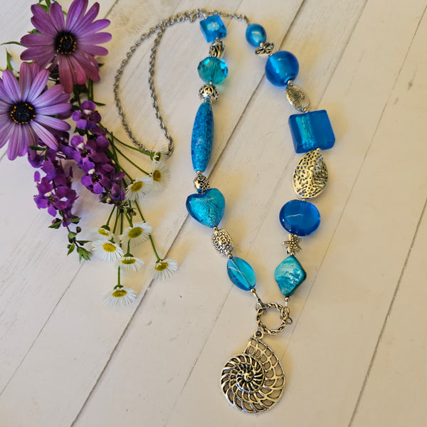 Long Aqua Blue beaded necklace