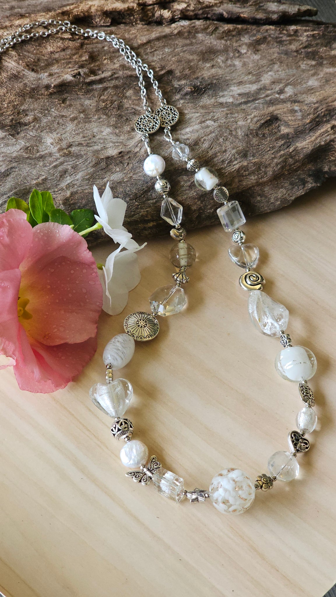 Long White Beaded Necklace