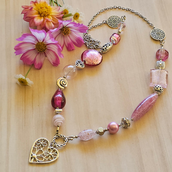 Long pink beaded necklace