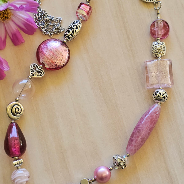 Long pink beaded necklace