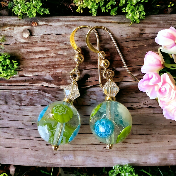 Aqua and Green Millefiori Earrings