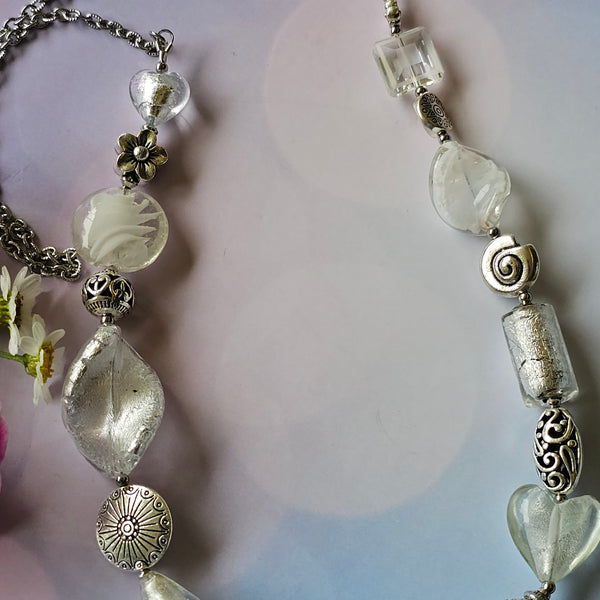 Long white beaded necklace