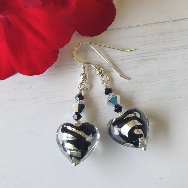 Silver and Black Swirl Murano glass Hearts